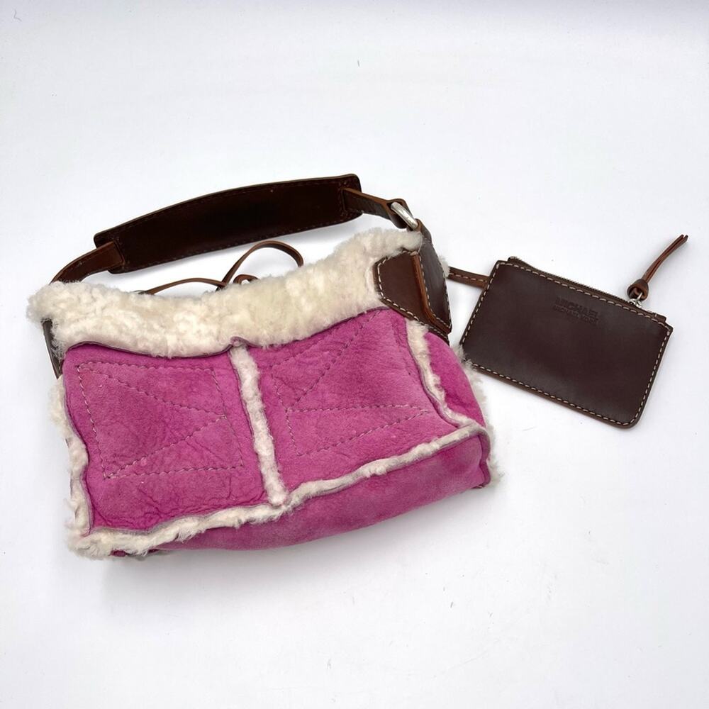 Michael Kors fuschia Suede authentic shearling  Shoulder MINI Bag leather handle - Picture 9 of 9